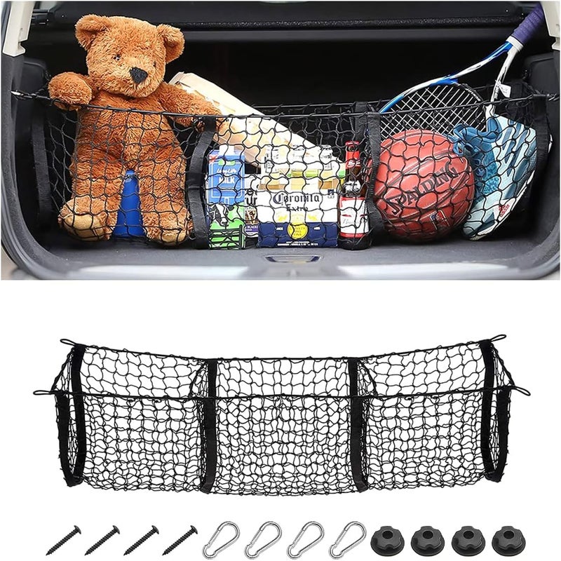 Hanemia Cargo Net for Car, Expandable 3 Pocket Heavy-Duty Cargo Net Organizer, Black Mesh Storage Pocket with 4 Metal Carabiners Universal for Car, SUV, Pickup Truck, Van Trunk Bed - Image 1